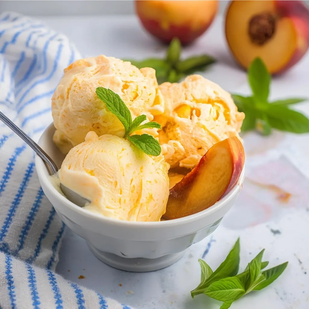 No-churn peach ice cream with fresh peach slices and mint in white serving bowl