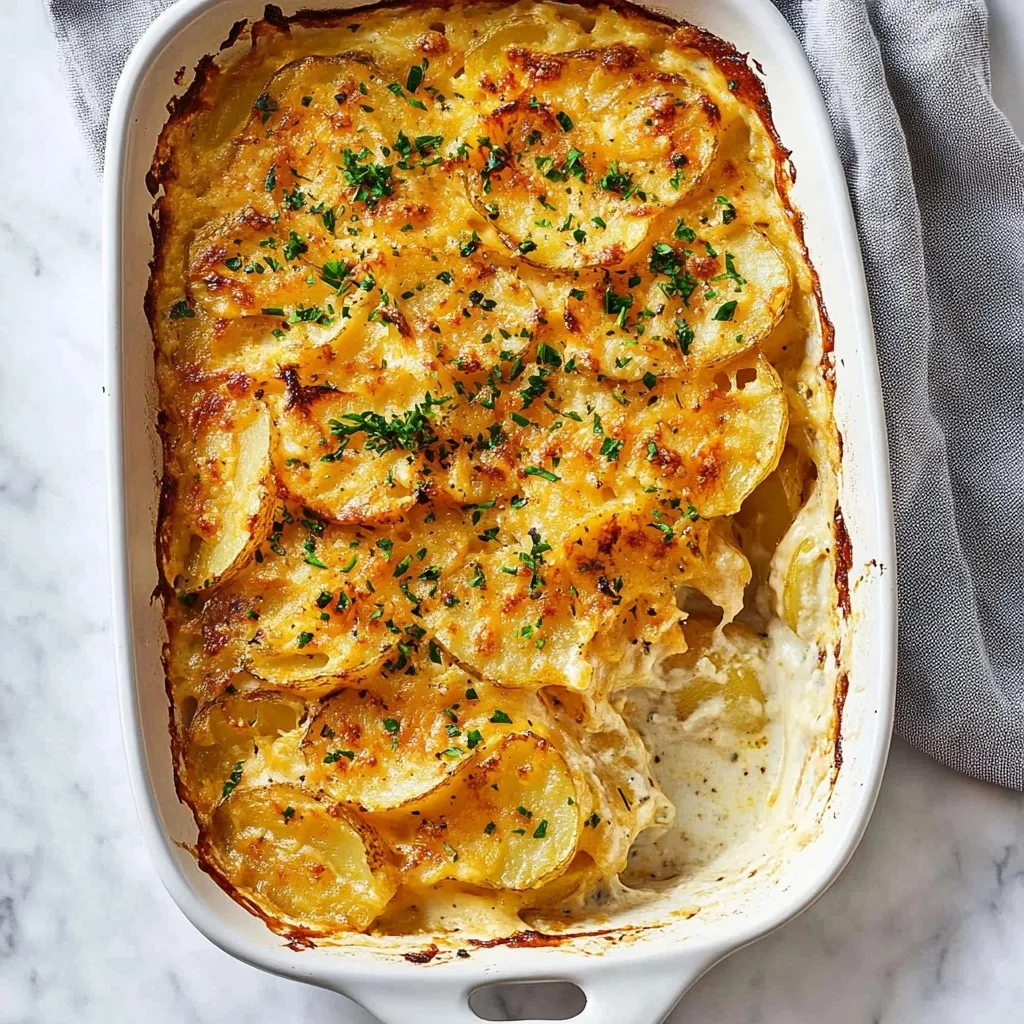 Scalloped potatoes with browned cheese top and a serving removed to show the creamy layers inside.