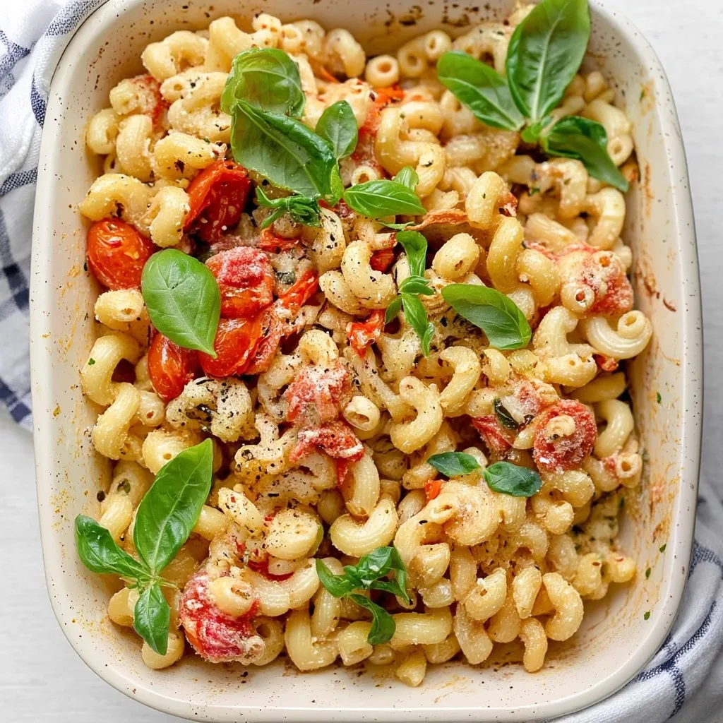 TikTok baked feta pasta with roasted cherry tomatoes, melted feta cheese, and fresh basil leaves in a white ceramic baking dish