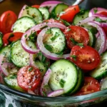 A bowl of marinated cucumbers, tomatoes, and onions garnished with fresh herbs.