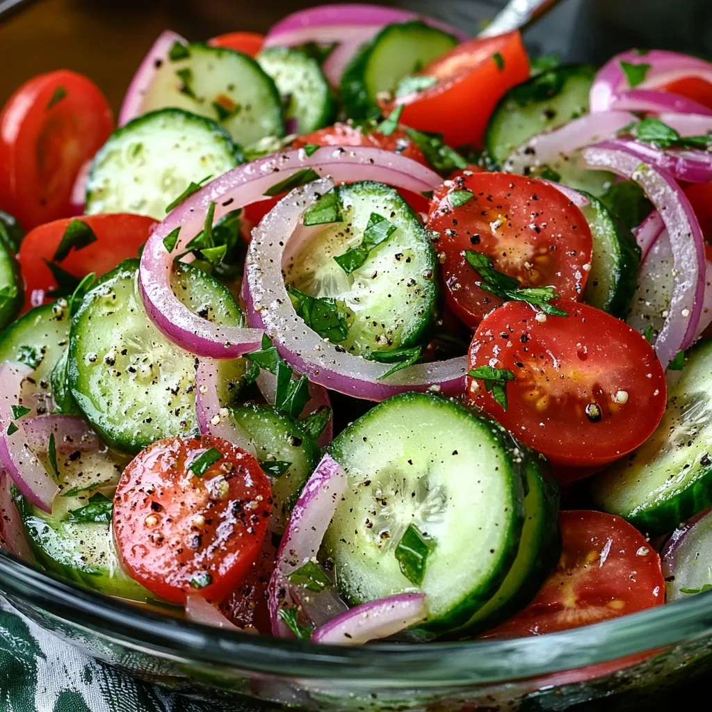 A bowl of marinated cucumbers, tomatoes, and onions garnished with fresh herbs.