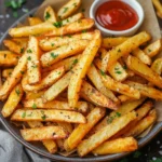 Air Fryer French Fries served with ketchup dipping sauce in a bowl lined with parchment paper