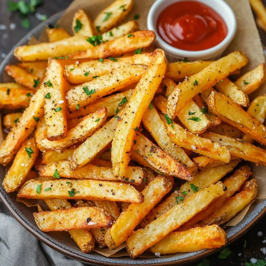 Air Fryer French Fries served with ketchup dipping sauce in a bowl lined with parchment paper