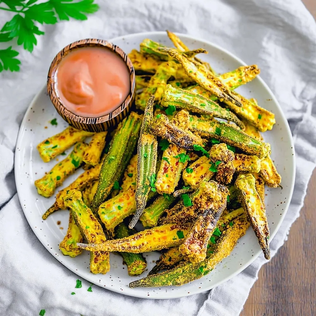 Crispy air fryer okra served on white speckled plate with orange dipping sauce and fresh parsley garnish