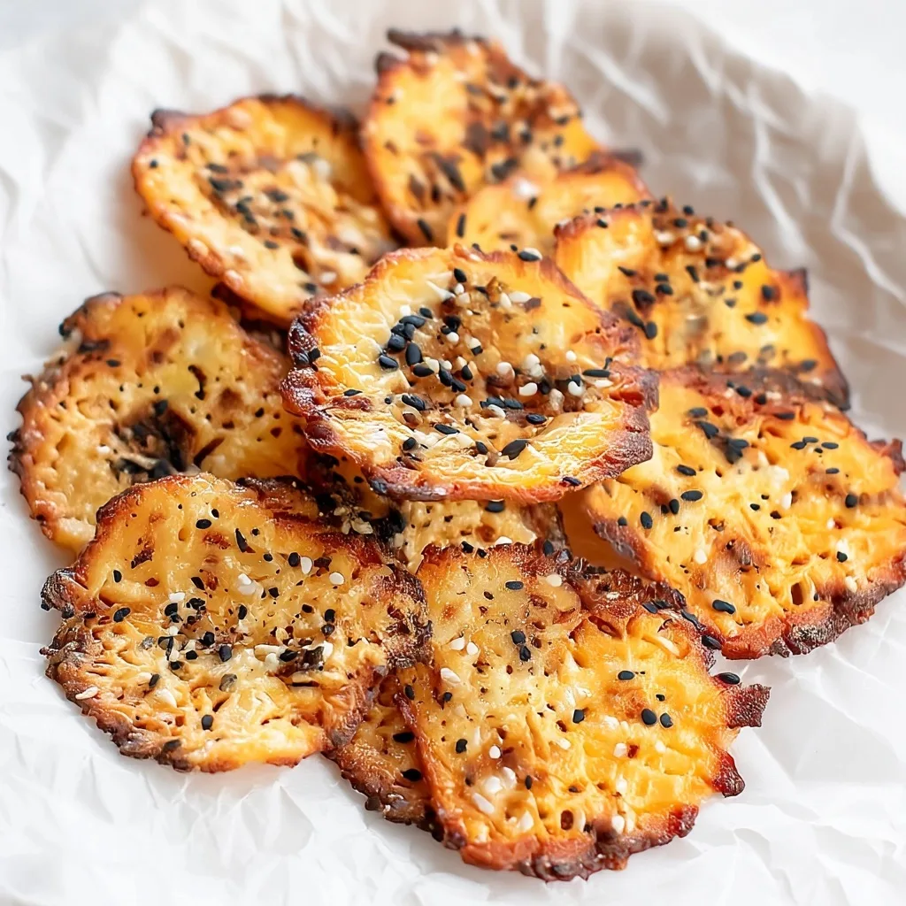 Close-up of crispy cottage cheese chips with sesame seeds showing golden edges and texture