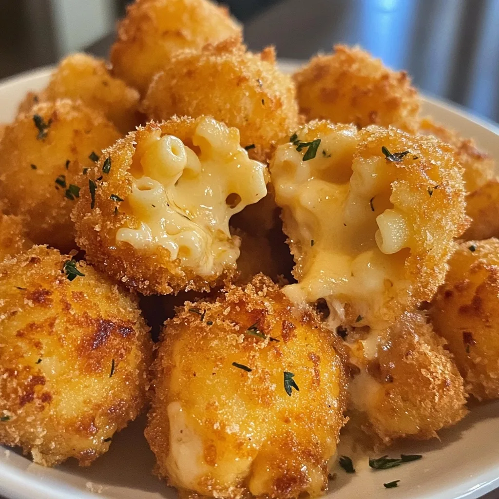 Several golden-brown fried mac and cheese bites on a white plate with one broken open to reveal the creamy macaroni filling, garnished with fresh herbs.