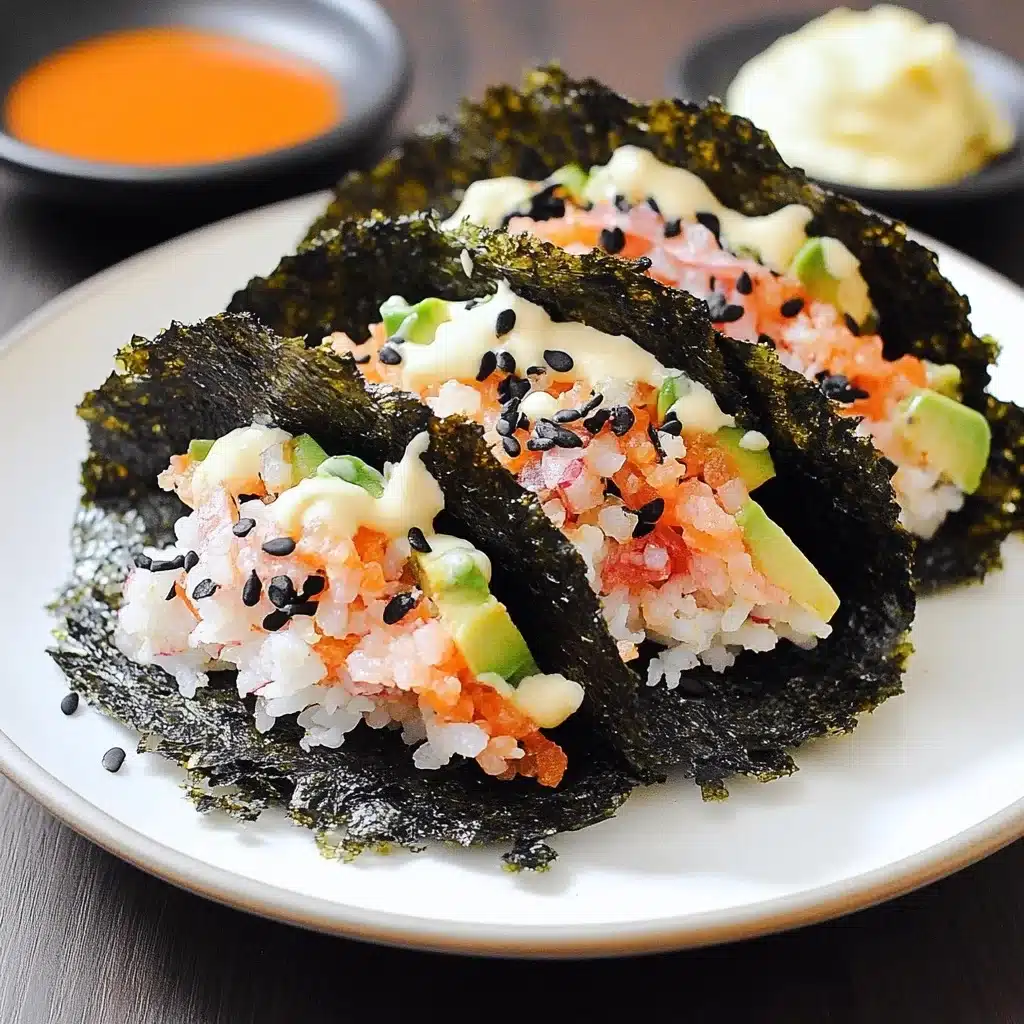 Crispy sushi tacos with sushi rice, salmon, avocado, and spicy mayo drizzle, garnished with black sesame seeds.