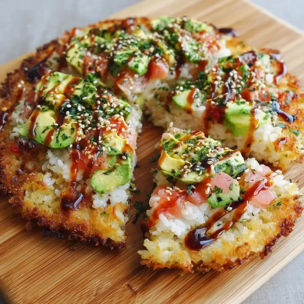 Close-up view of sushi pizza crust slices showing crispy rice base with colorful toppings including avocado and fish roe