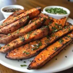 Golden-brown crispy oven-baked sweet potato wedges sprinkled with herbs and sea salt served with two dipping sauces