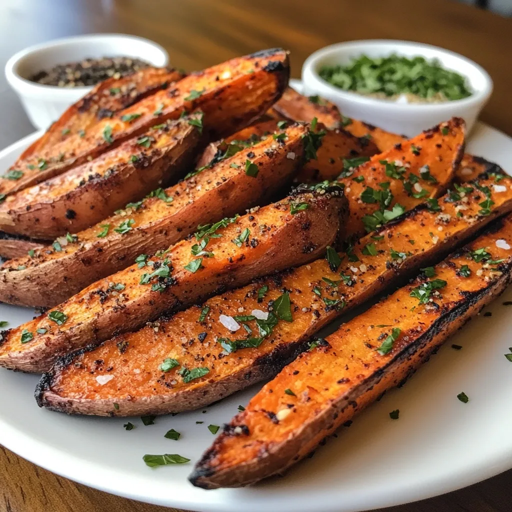 Golden-brown crispy oven-baked sweet potato wedges sprinkled with herbs and sea salt served with two dipping sauces