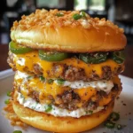 Double-decker jalapeño popper smash burger with crispy breadcrumb-topped bun, showing melted cheese oozing from between beef patties and jalapeño slices