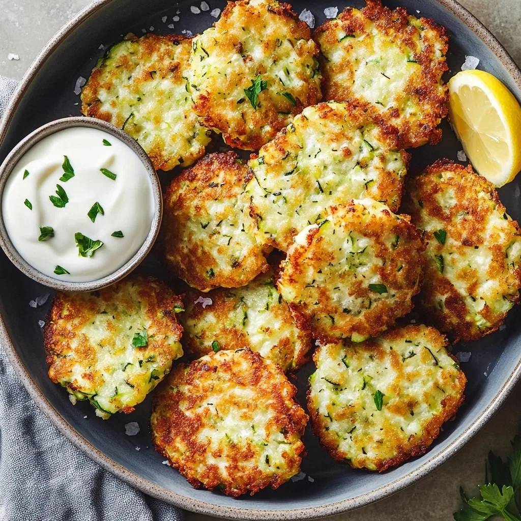 Crispy zucchini patties served with yogurt dip and lemon wedge on a gray ceramic plate.