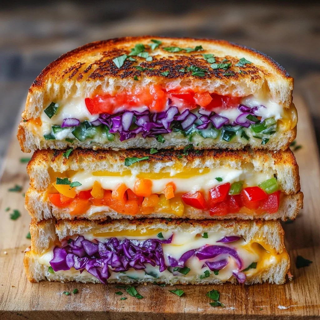 Cross-section view of a Rainbow Grilled Cheese sandwich showing distinct colorful layers of red peppers, purple cabbage, orange carrots, and green herbs between melted cheese and crispy grilled bread.