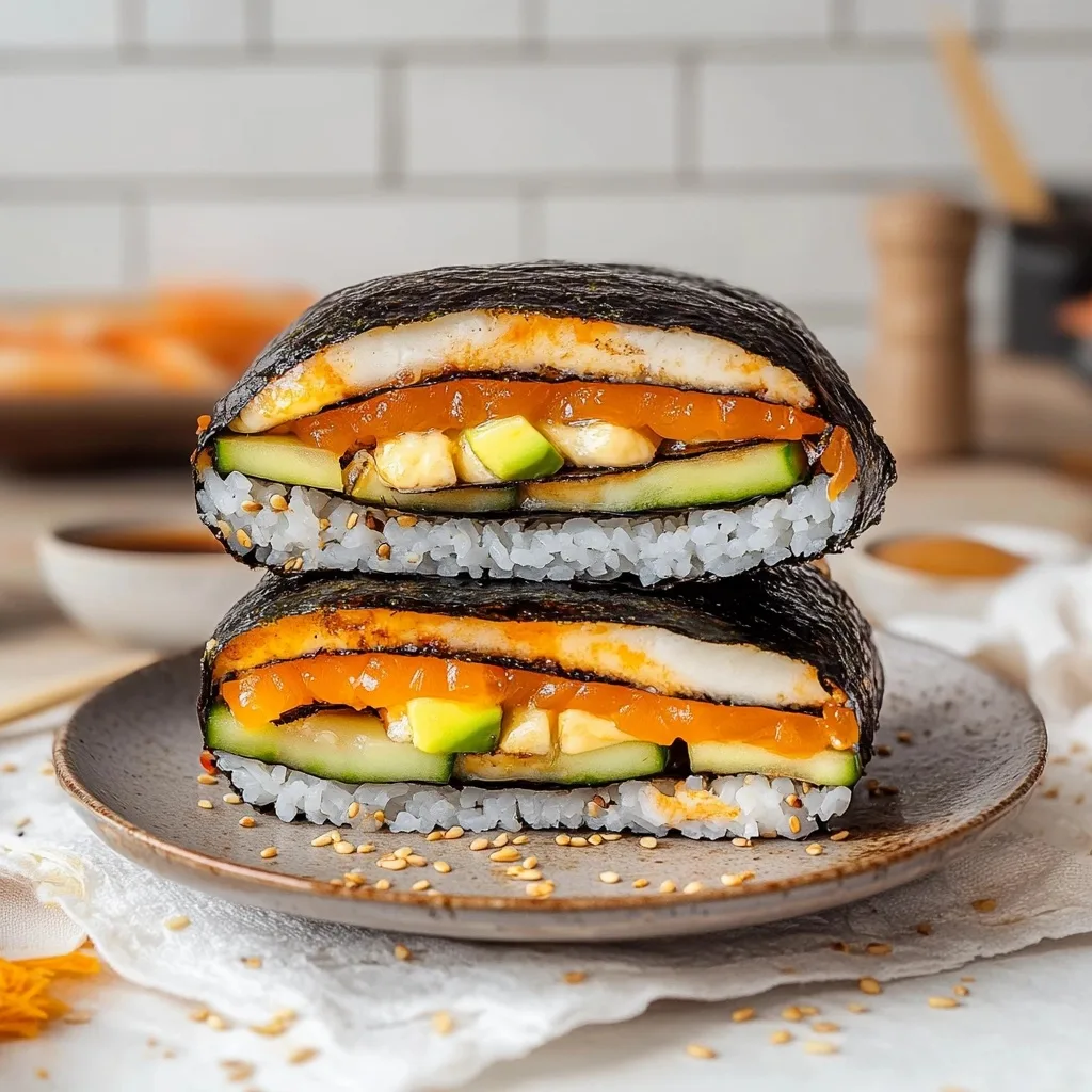 Cross-section of sushi sandwich with salmon, cucumber, and fish roe wrapped in nori seaweed on a ceramic plate