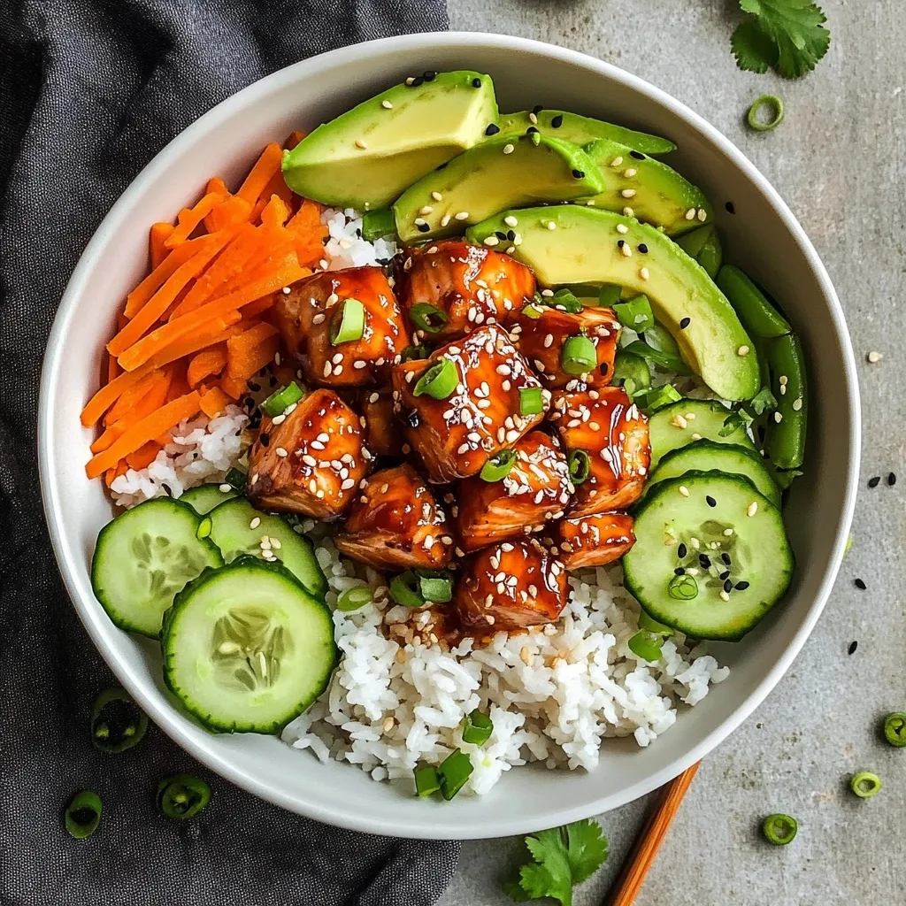 Top-down view of a Sriracha honey salmon bowl with cubed salmon, white rice, avocado slices, cucumber, and julienned carrots.