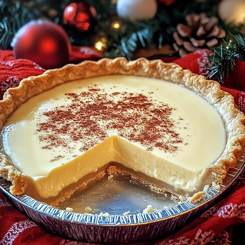 Whole cinnamon-dusted custard pie with one slice removed, displayed with Christmas tree ornaments, pine cones, and red fabric.