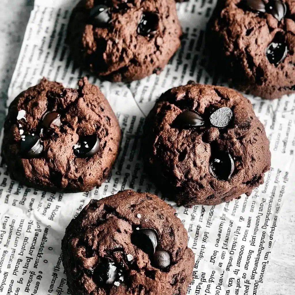 Dark chocolate espresso cookies with chocolate chunks and sea salt on newspaper background