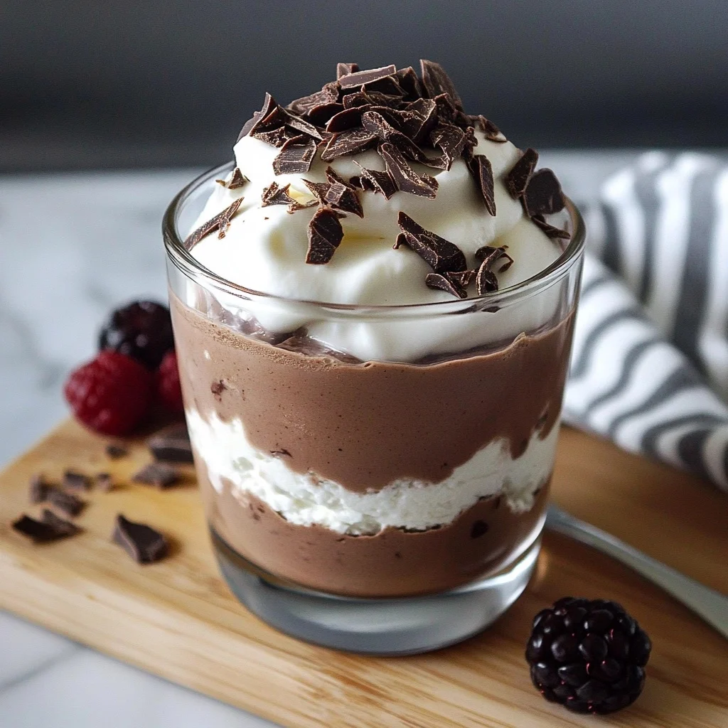 A glass dessert cup containing layered chocolate cottage cheese mousse topped with whipped cream, chocolate shavings, and served with fresh blackberries on a wooden board.