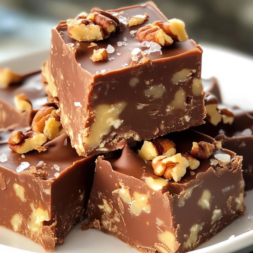 Closeup of homemade chocolate fudge squares stacked on a white plate, featuring smooth chocolate, chopped pecans, and a sprinkle of sea salt.