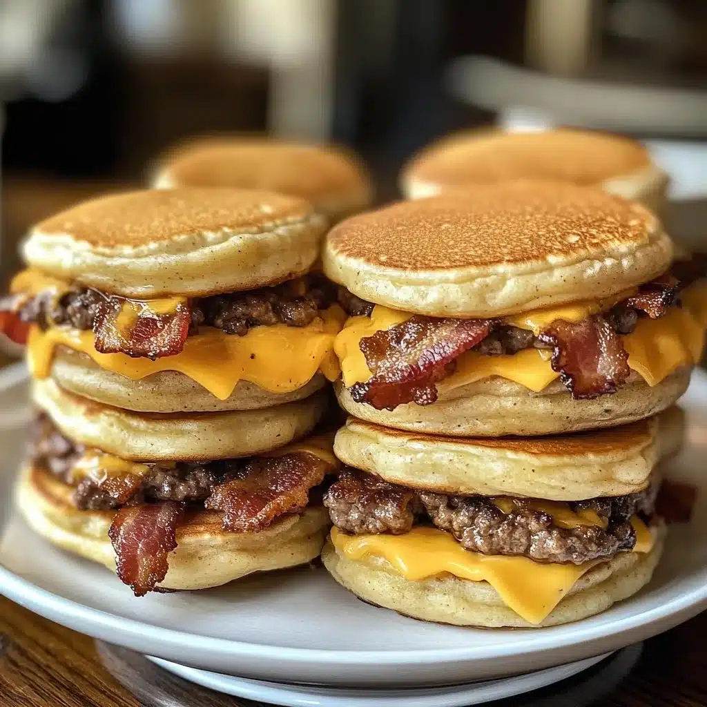 Two bacon cheeseburger pancake sliders side by side with crispy bacon and melted cheese