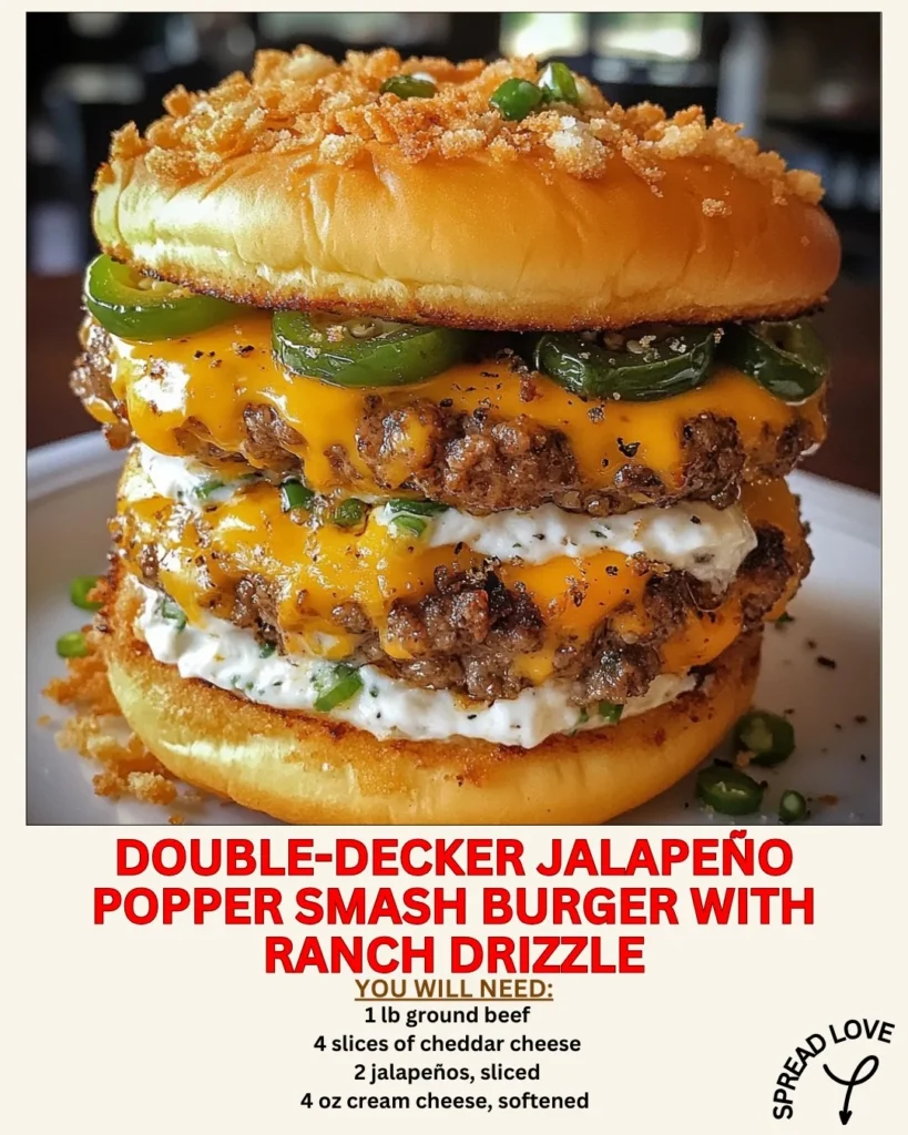 Recipe card image showing completed double-decker jalapeño popper smash burger with ingredient list overlay including ground beef, cheddar cheese, jalapeños, and cream cheese