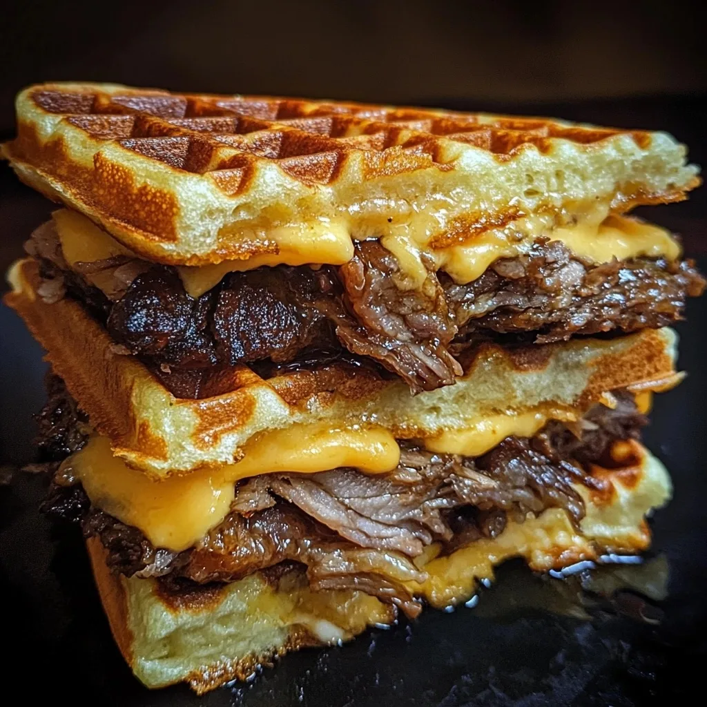 Double-stacked Bourbon-Maple Brisket Grilled Cheese Wafflewich with melted cheddar cheese and tender shredded brisket between golden waffles