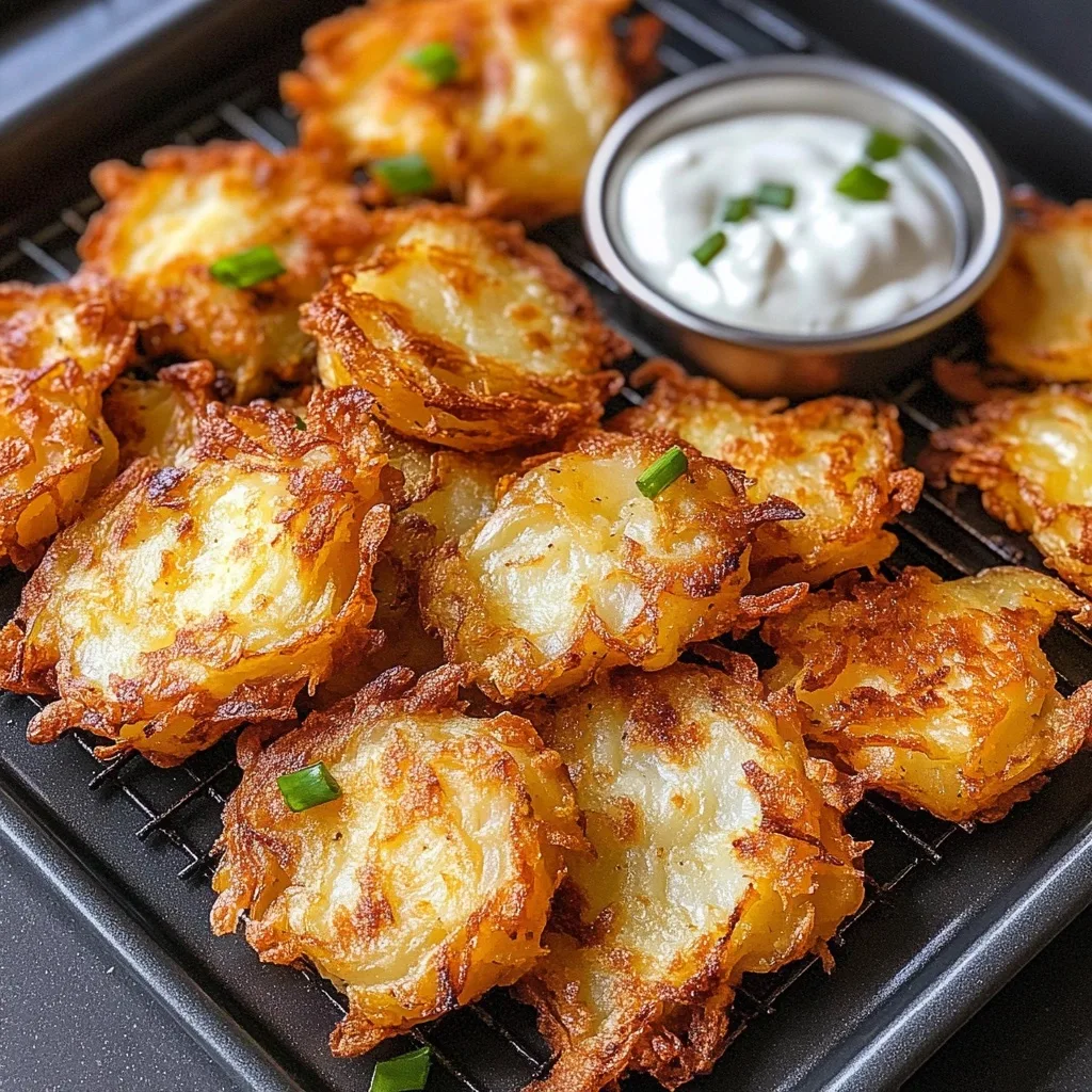 A tray of golden brown latkes with a side of sour cream for dipping