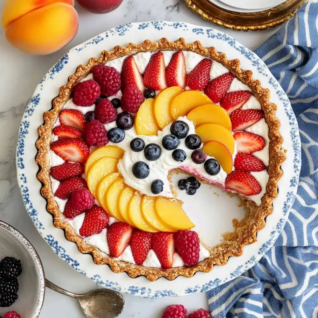 Summer Fruit Tart on a decorative plate showcasing a golden crust, white filling, and meticulously arranged strawberries, raspberries, blueberries and peach slices in a spiral pattern.