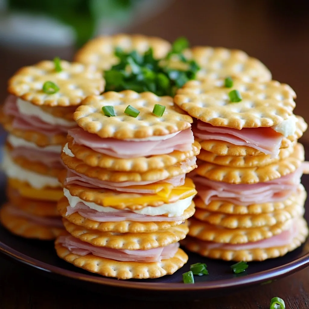 Close-up of Ritz cracker sandwiches with ham, white spread, and yellow cheese garnished with green onions.