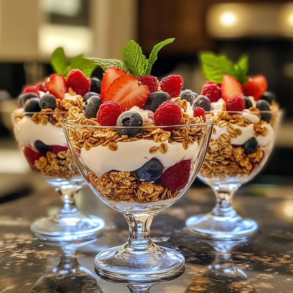 Three elegant glass parfait cups filled with layers of granola, yogurt, and fresh berries topped with mint leaves, served on a dark countertop.