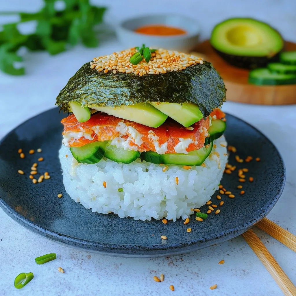 Sushi burger with crispy rice buns, fresh salmon, sliced avocado, cucumber and nori seaweed, served on a blue plate with spicy mayo on the side.