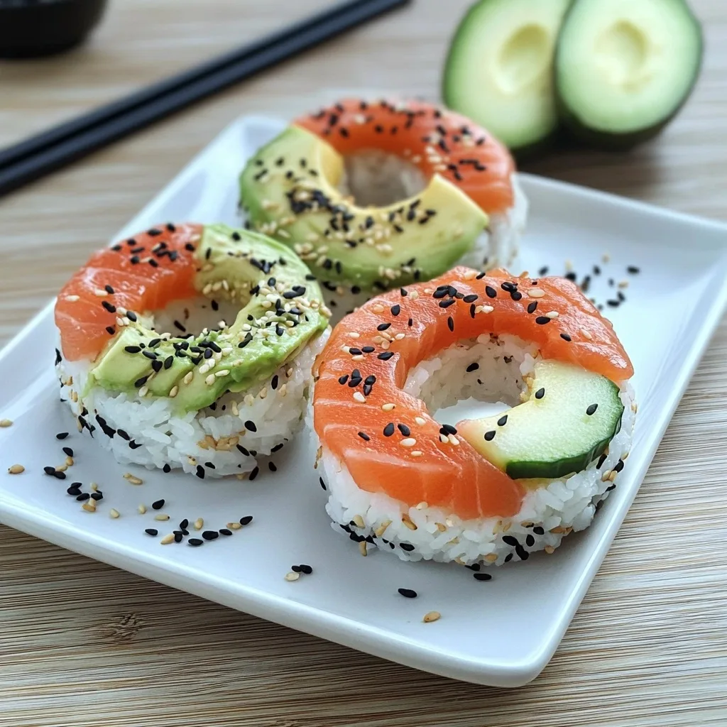 Two sushi donuts on a square white plate featuring salmon and avocado slices topped with sesame seeds.
