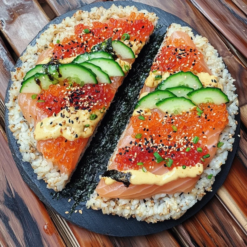 Two slices of gourmet sushi pizza with salmon, cucumber, tobiko, and spicy mayo on a crispy rice crust served on a black slate plate.