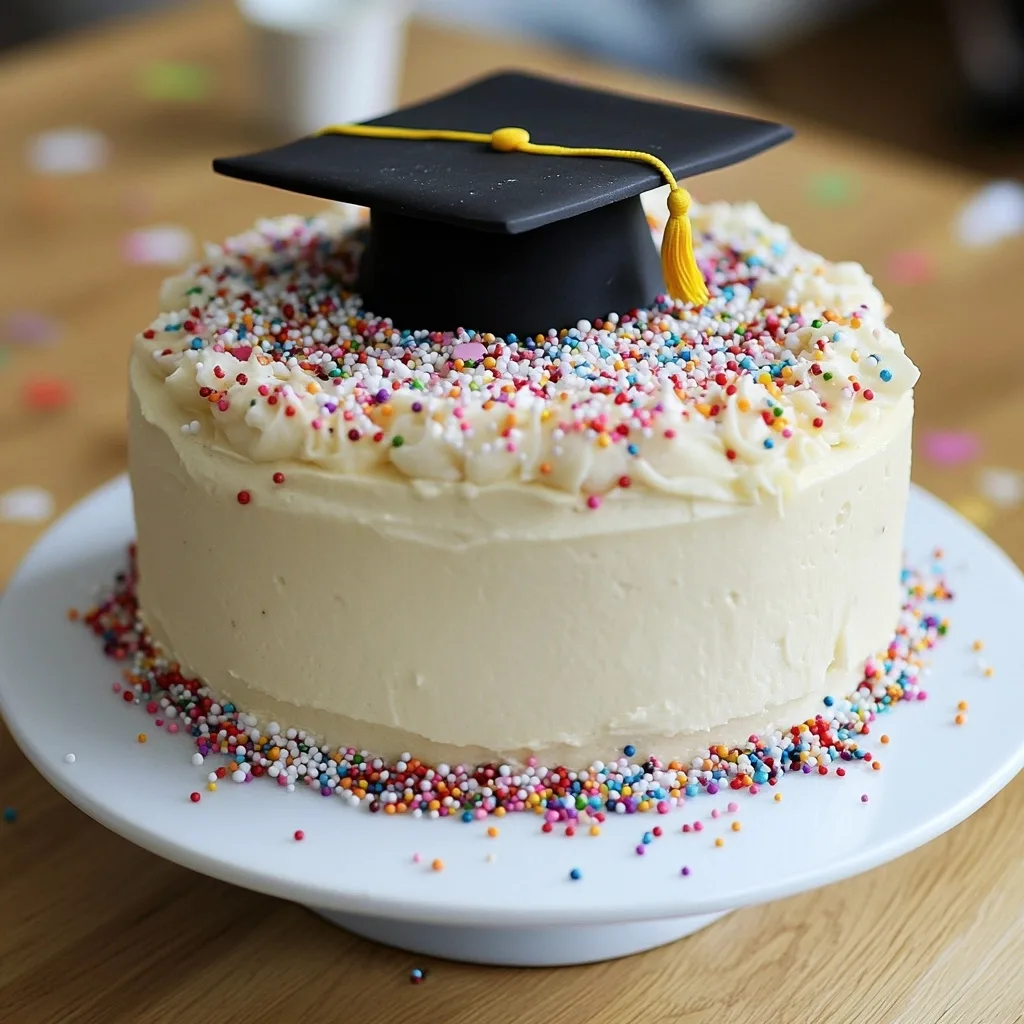 White frosted graduation cake with "the best HIGH SCHOOL GRADUATION CAKE" text overlay, featuring a black graduation cap topper and rainbow sprinkles.
