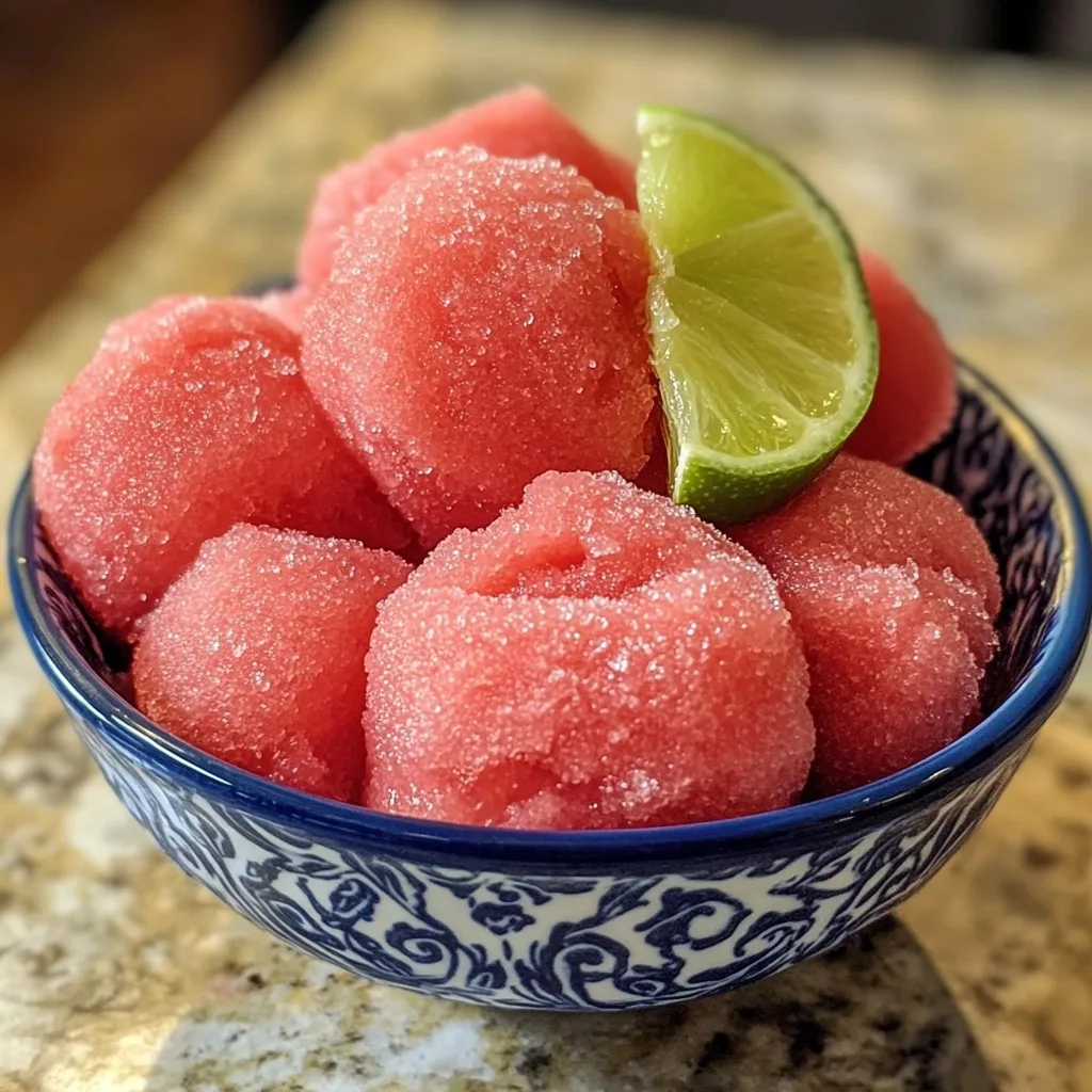 Watermelon sorbet scoops in a blue and white patterned ceramic bowl with lime wedge garnish
