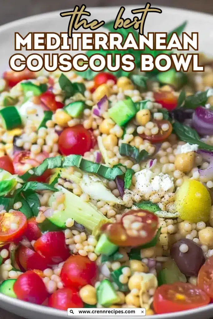 A stylized feature graphic reading “The best MEDITERRANEAN COUSCOUS BOWL” over a softly blurred background of the salad.