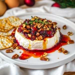 Cranberry Pecan Brie Delight served with pecans and crackers on a white plate, showcasing glossy cranberry sauce dripping over the cheese.
