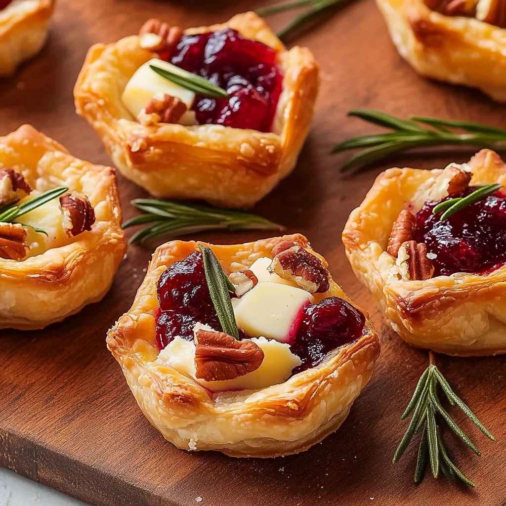 Cranberry Brie Bites arranged on a wooden cutting board, featuring golden pastry cups filled with cheese, cranberry sauce, and garnished with pecans and herbs.