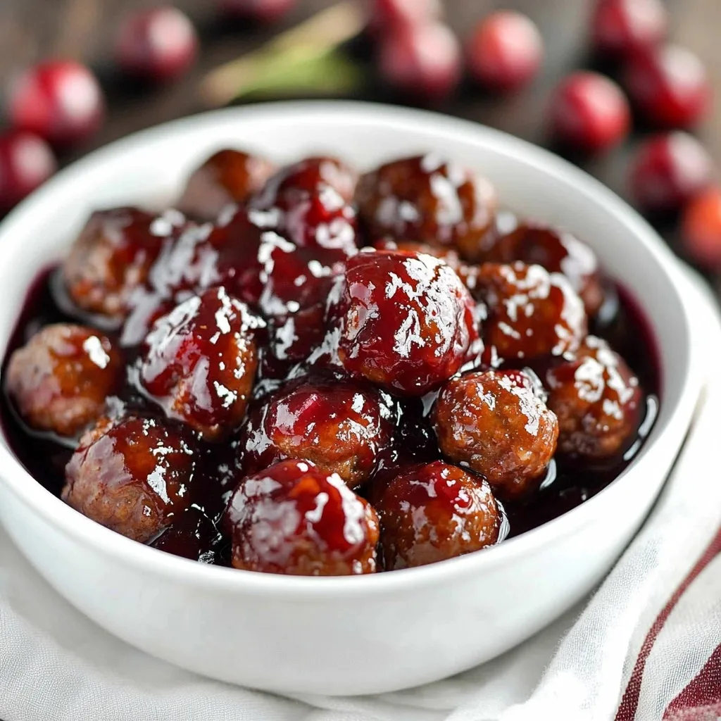 Close-up of glazed cranberry meatballs in white bowl surrounded by fresh cranberries on rustic background