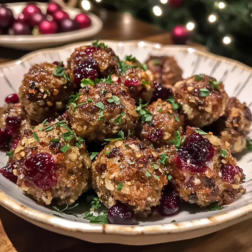 Golden-brown meatballs glazed with cranberry sauce, garnished with fresh parsley and whole cranberries, served in a white ceramic bowl with Christmas decorations in the background.