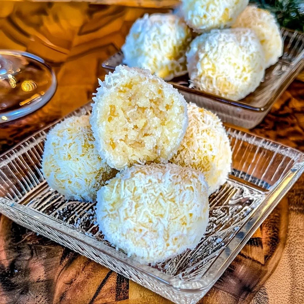 Pineapple Christmas Balls arranged in crystal glass dish with additional servings visible in background showing recipe yield