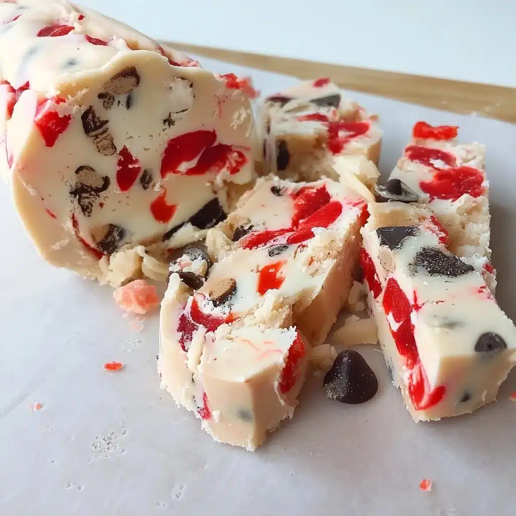 Sliced Christmas maraschino cherry shortbread log showing cross-section with cherries and chocolate chips distributed throughout