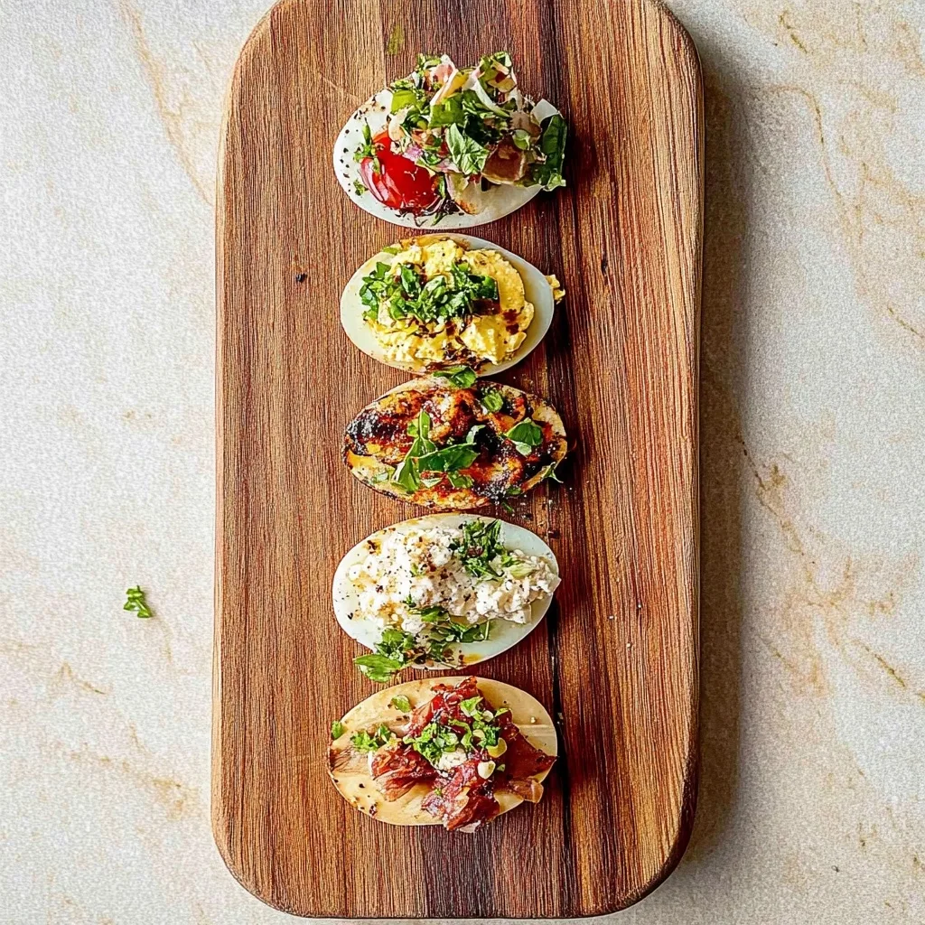 Five egg flight variations displayed on wooden platter showing different cooking techniques and garnish styles