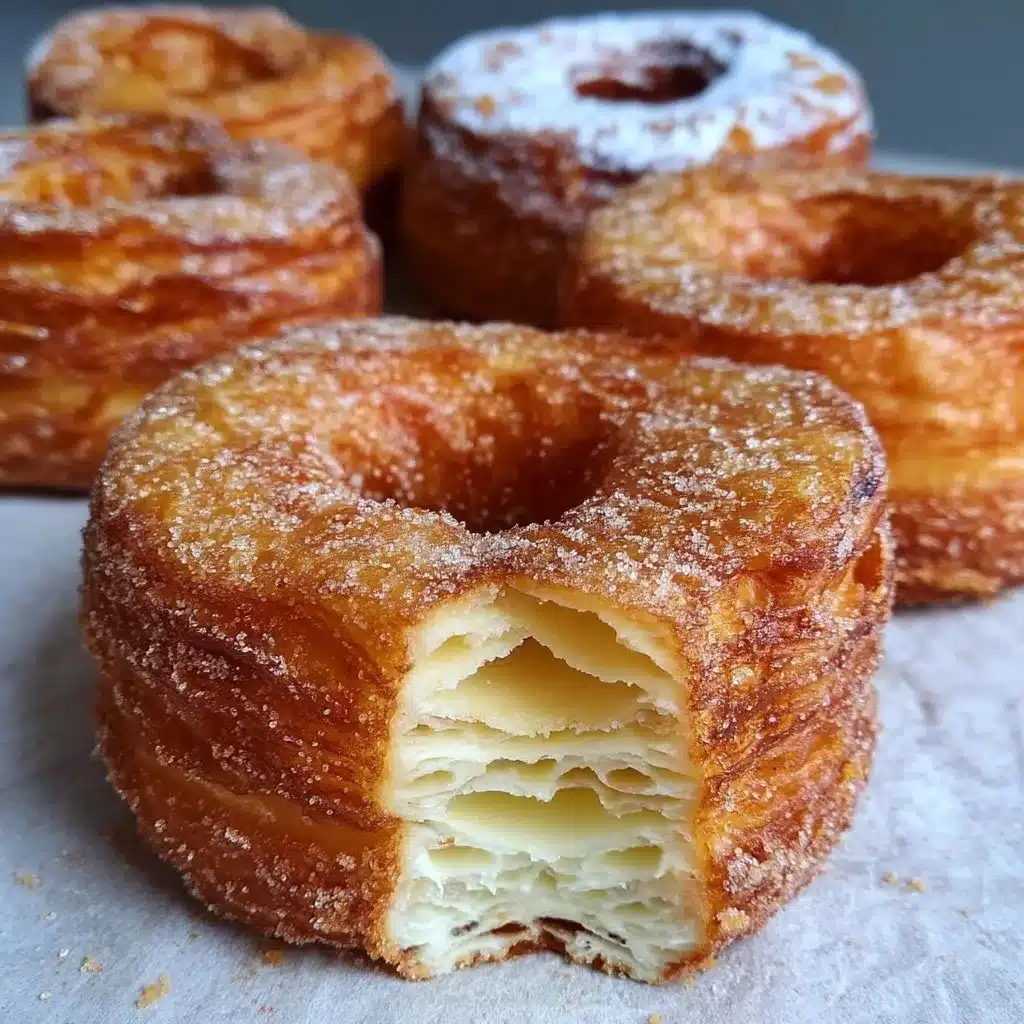 Cronut half with sugar-coated exterior revealing flaky, layered interior