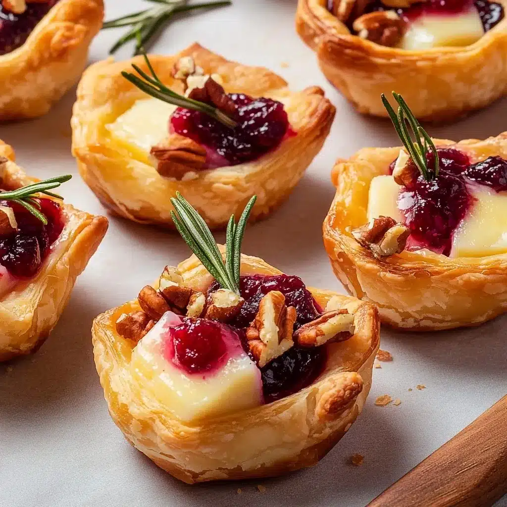 Multiple Cranberry Brie Bites on parchment paper featuring flaky pastry cups filled with brie cheese, cranberry sauce, pecans and fresh rosemary.