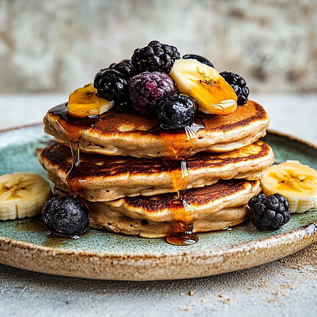 Close-up of protein pancake stack topped with banana slices, blackberries, and blueberries with maple syrup drizzle