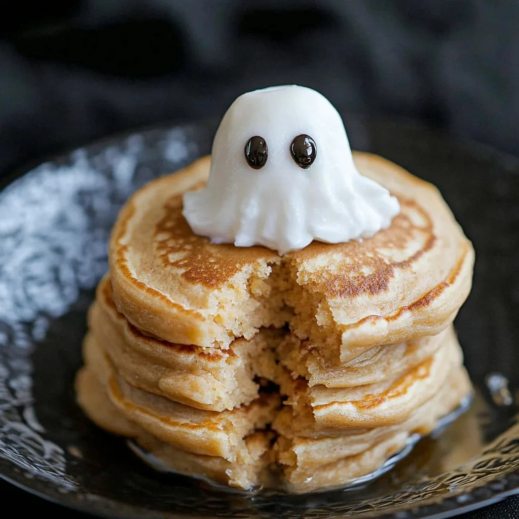 Stack of golden sweet potato pancakes with a centered whipped cream ghost with chocolate chip eyes on a dark glass plate