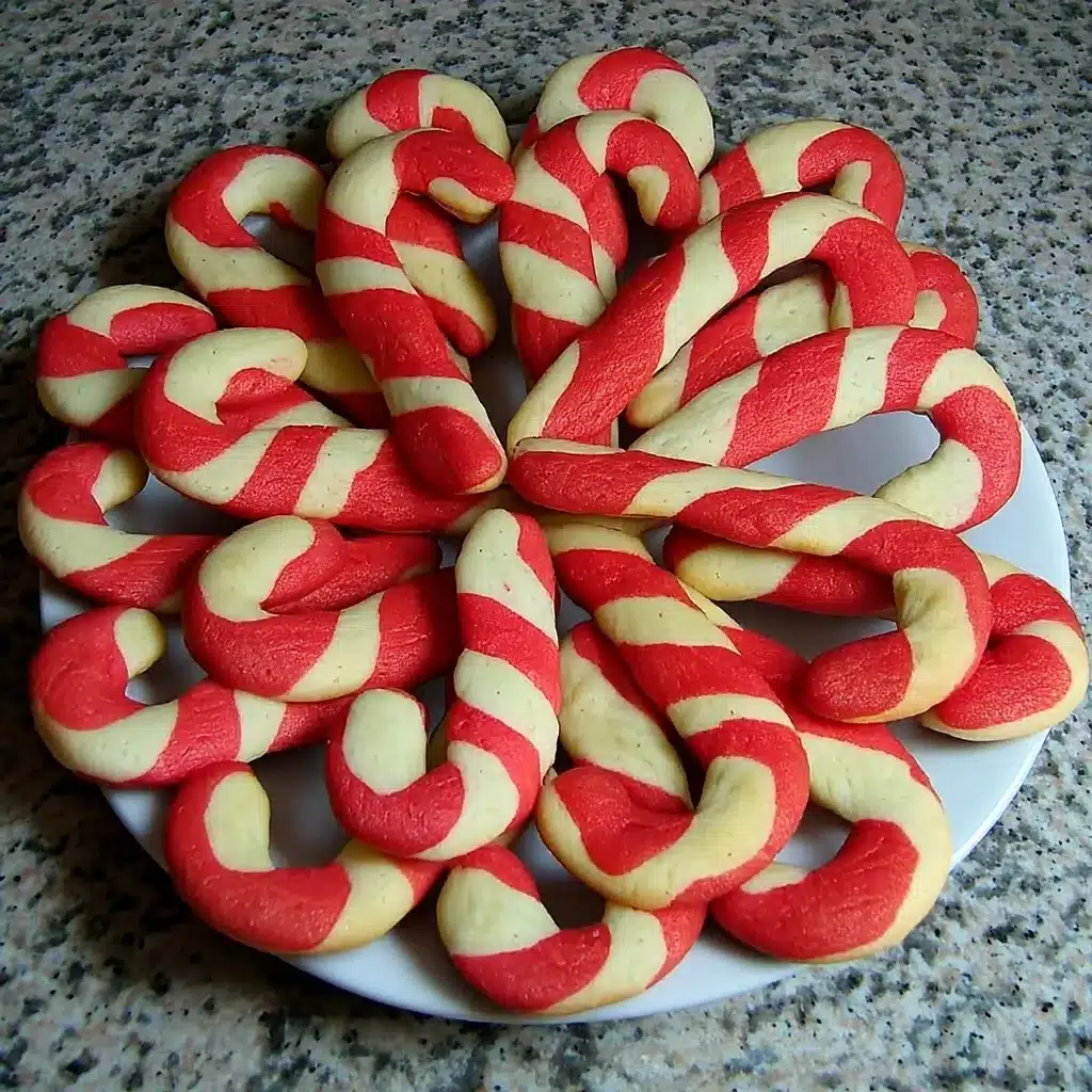 Candy cane cookies with red and white stripes elegantly arranged in a circular pattern on white serving plate