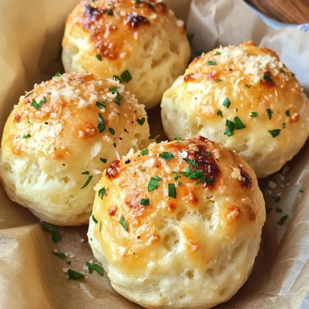Four perfectly baked buttery garlic cheese bombs topped with melted cheese, parmesan, and fresh herbs