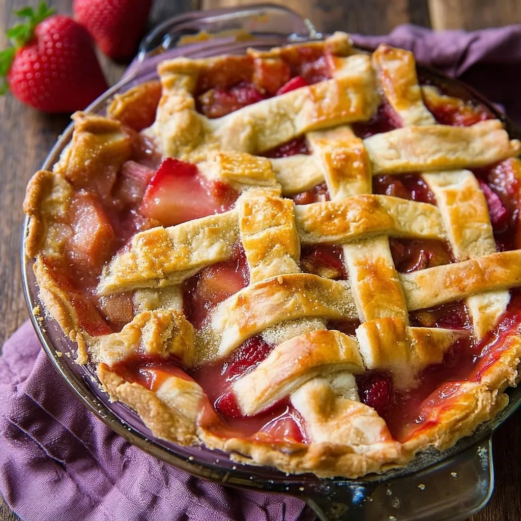 Fresh strawberry rhubarb pie with lattice top showing bubbling fruit filling
